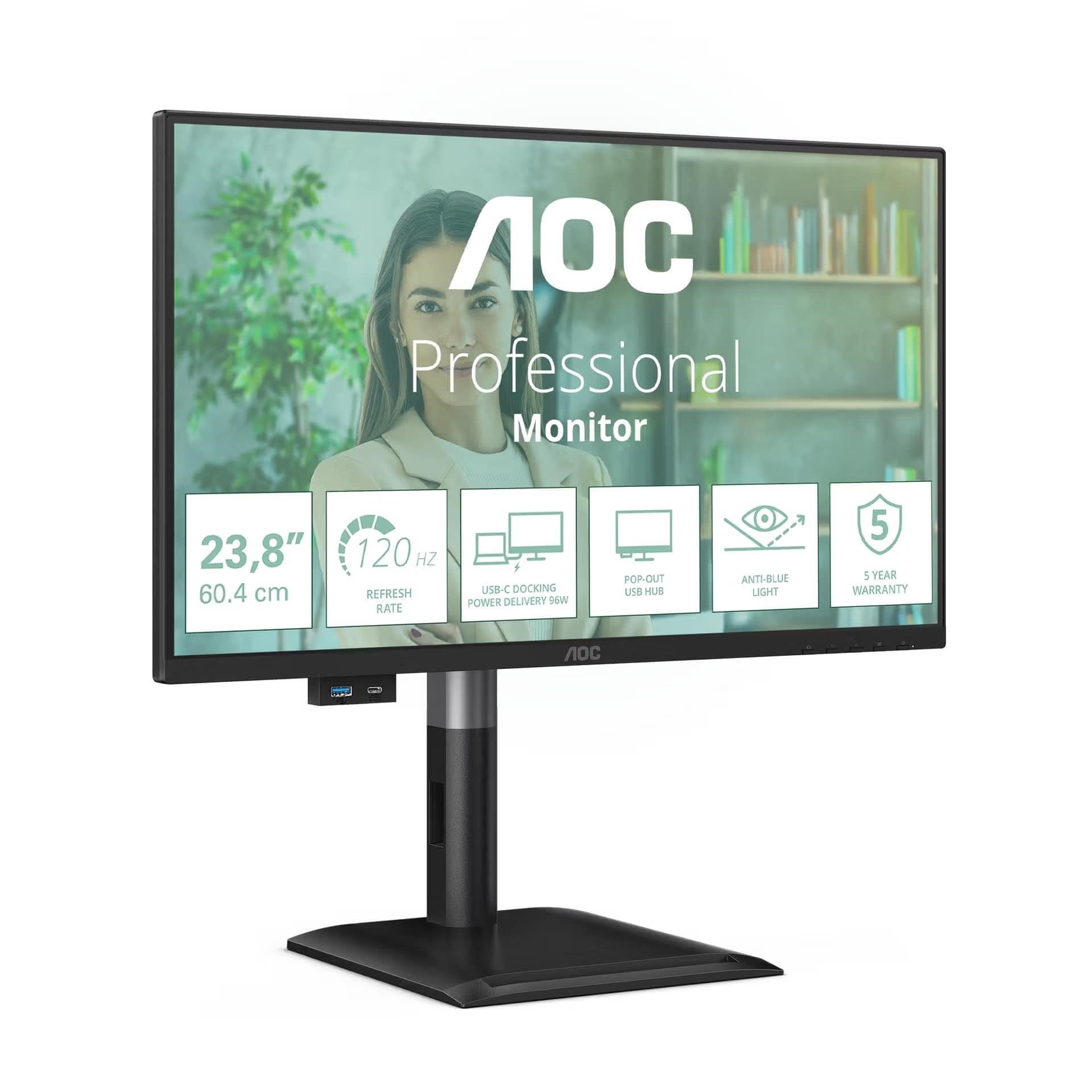 AOC Monitor 24P4CV, 23,8", IPS, 1920x1080, 16:9, 300cd, 1500:1, 4ms, DP, HDMI, 120Hz, USB Hub, RJ45, pivot, repro