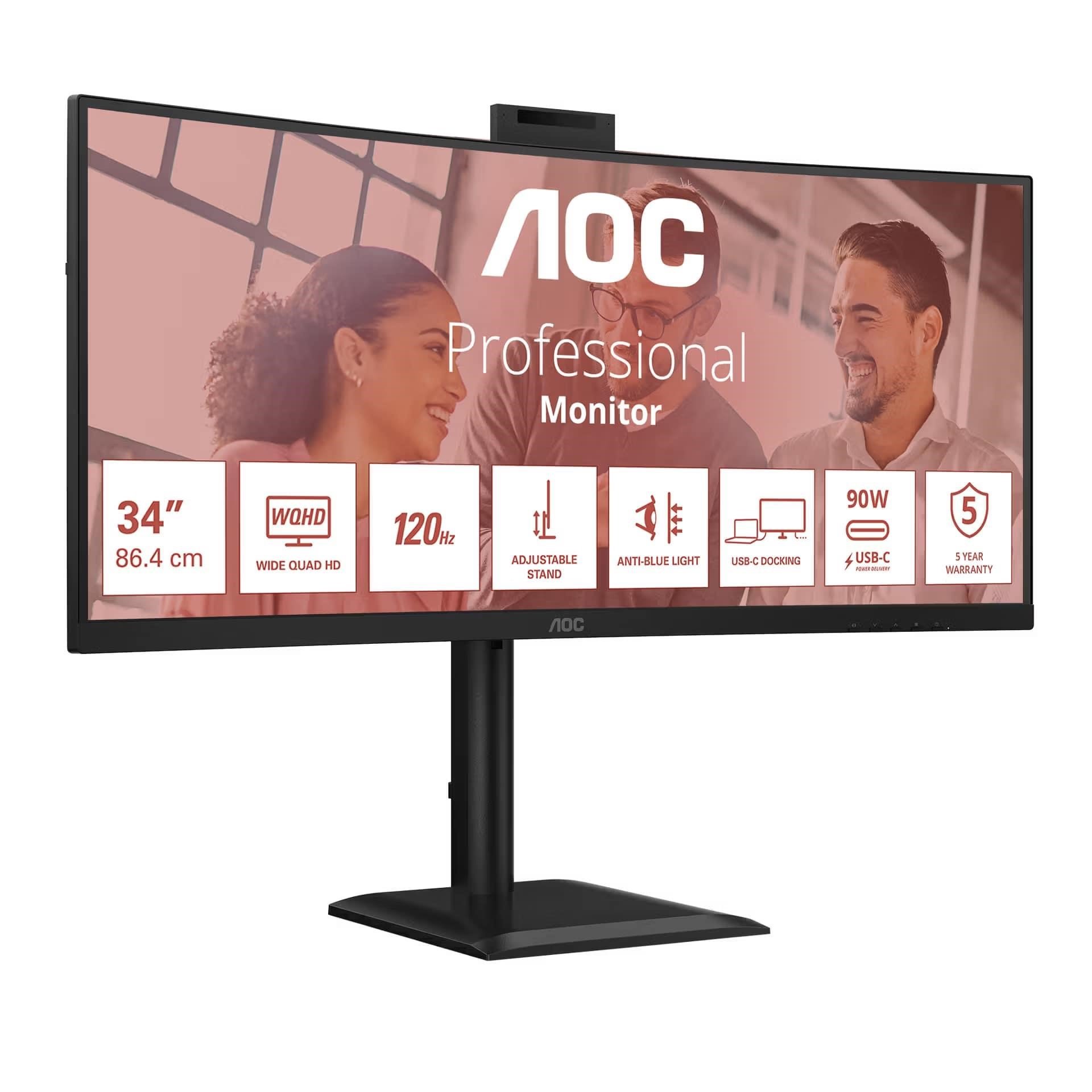 AOC Monitor CU34E4CW, 34", VA, 3440x1440, 21:9, 350cd, 3500:1, 4ms, DP, HDMI, 120Hz, USB Hub, RJ45, repro