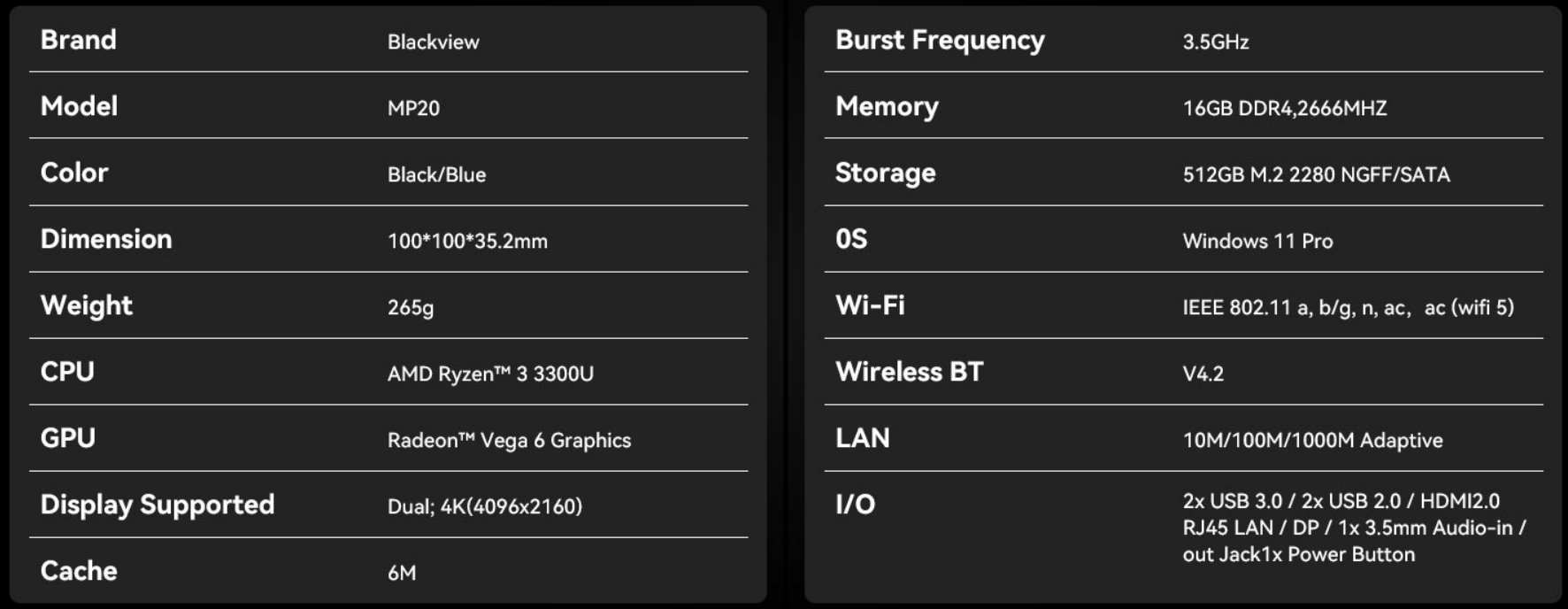BLACKVIEW miniPC MP50 SET AMD Ryzen 7 3700U 4.0GHz 16/512GB,WiFi5,BT 4.2,RJ45,2xUSB 3.0,2xUSB 2.0,2xHDMI,BTKeyb,Mouse,W1