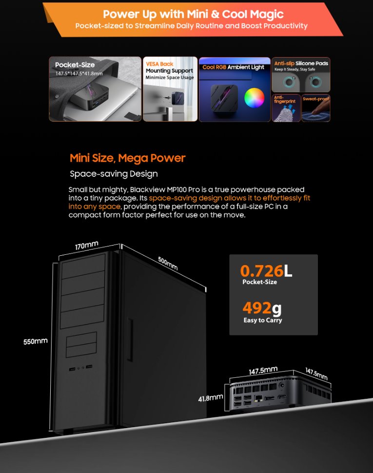 BLACKVIEW PC miniPC MP300 i5-210H 4.8GHz,16GB/512GB,WiFi6,BT 5.2,LAN RJ45,4xUSB3.2 Gen1,2xHDMI 2.0,Win11Pro,Black