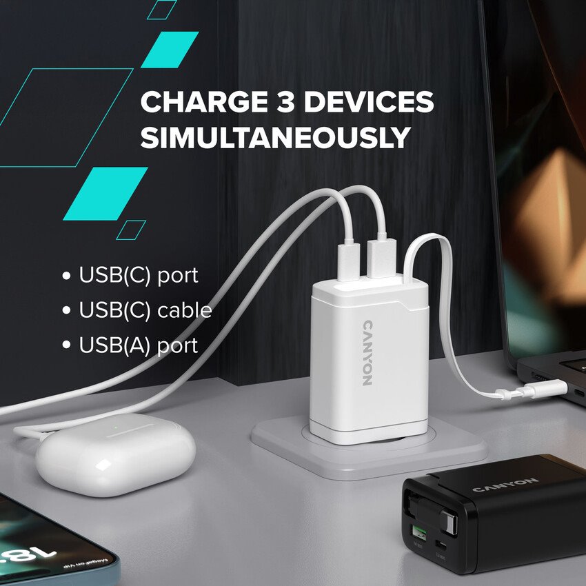 CANYON charger OnCharge 65RC Build-In Cable USB-C 65W 1xPD 1xQC EU Black
