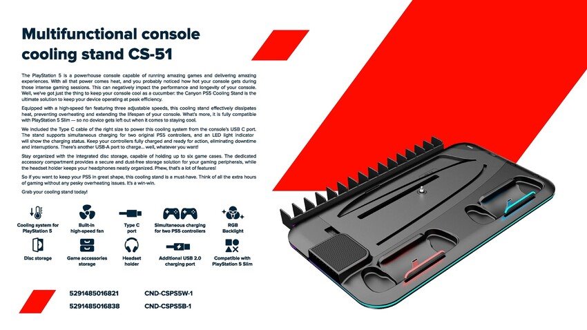 CANYON CS-51 chladící stojan pro PS5 s RGB, Slim/DE nabíjecí, Black