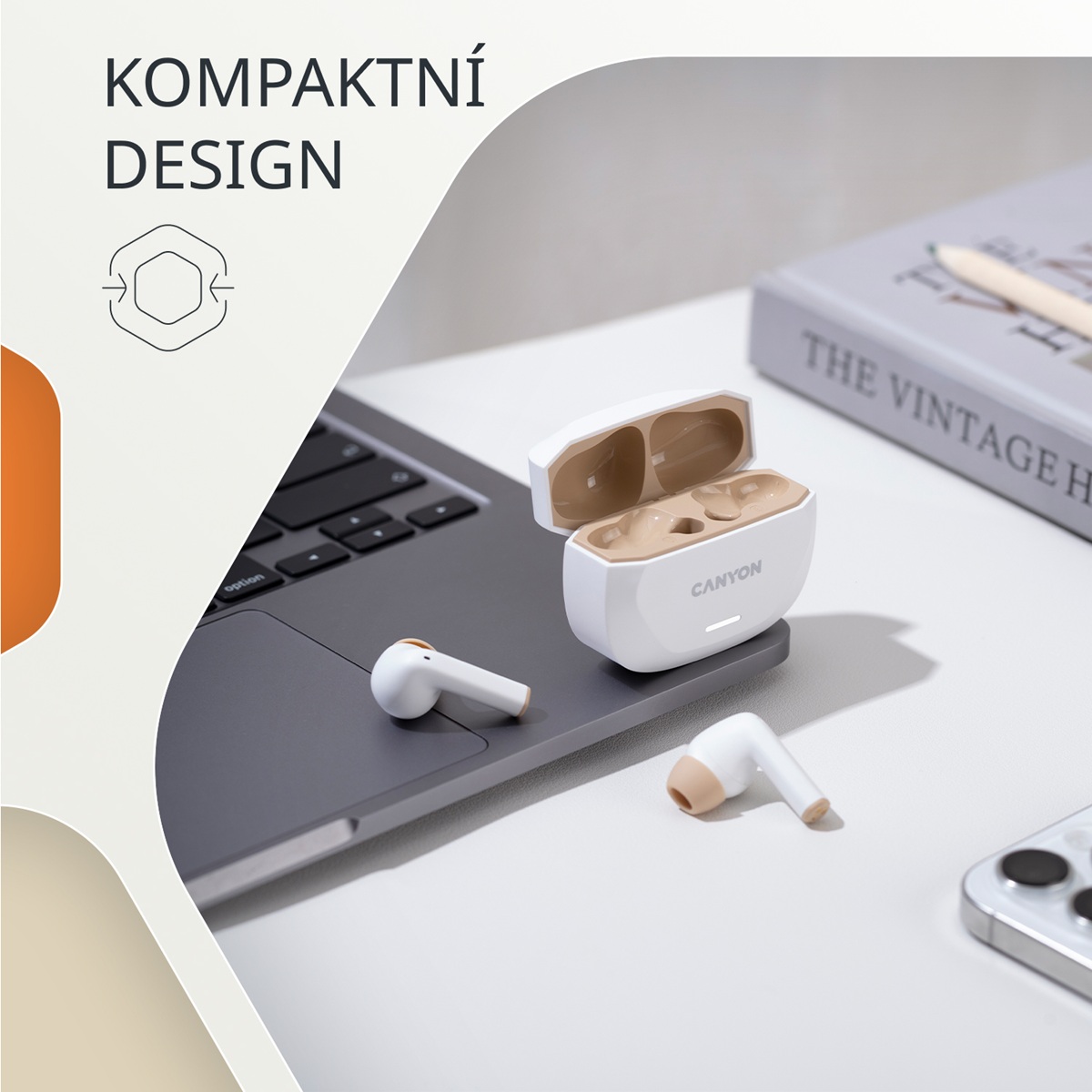 CANYON headset HEXAGON 7 TWS ANC+ENC Wireless Charge White Beige