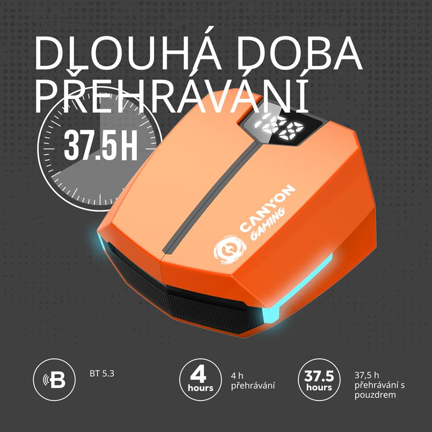 CANYON herní TWS Doublebee GTWS-2, BT sluchátka s mikrofonem, oranžová