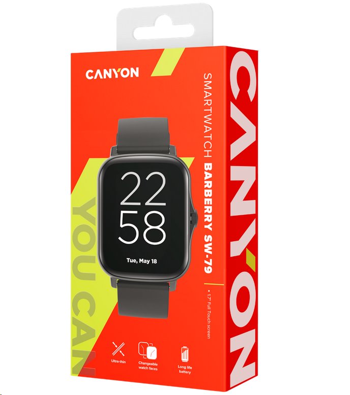 CANYON smart hodinky Barberry SW-79 BLACK, 1,7" TFT displej, multi-sport, IP67, Android/iOS