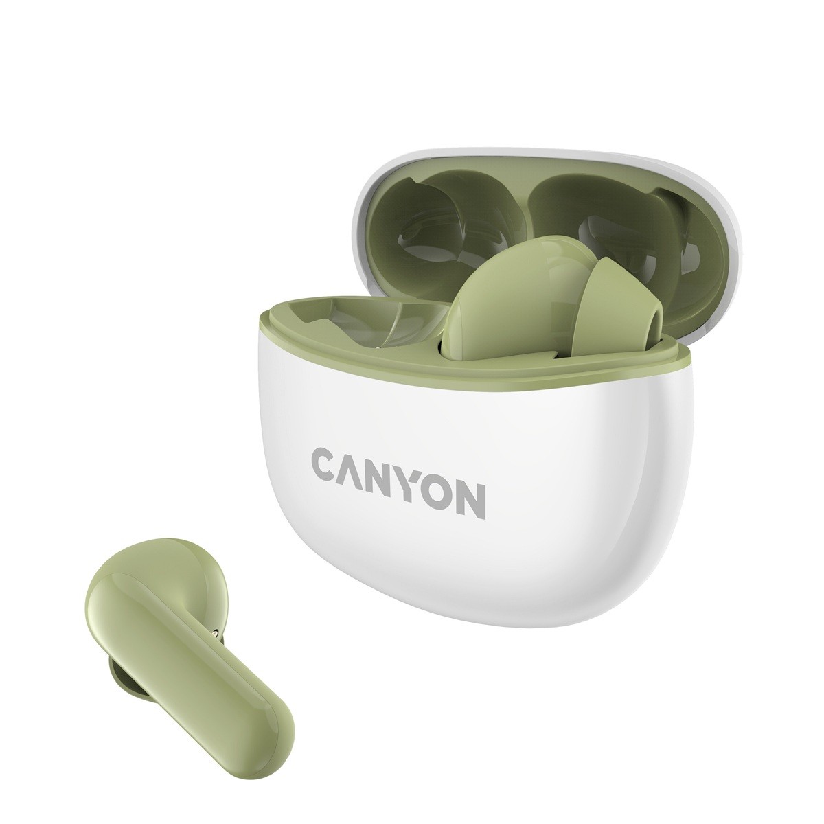 CANYON TWS-5 BT sluchátka s mikrofonem, BT V5.3 JL 6983D4, pouzdro 500mAh+40mAh až 38h, olivová