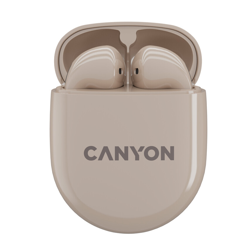 CANYON TWS-6 BT sluchátka s mikrofonem, BT V5.3 JL 6976D4, pouzdro 400mAh+30mAh až 21h, béžová