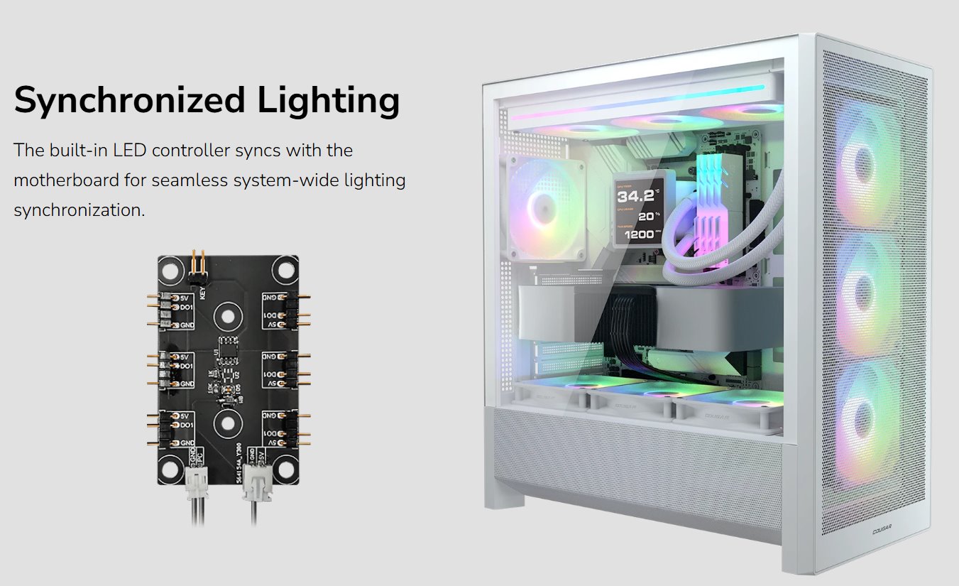 COUGAR PC skříň MX230 Black RGB Mid Tower Mesh Front Panel 4 x 120mm ARGB Fans TG Left Panel