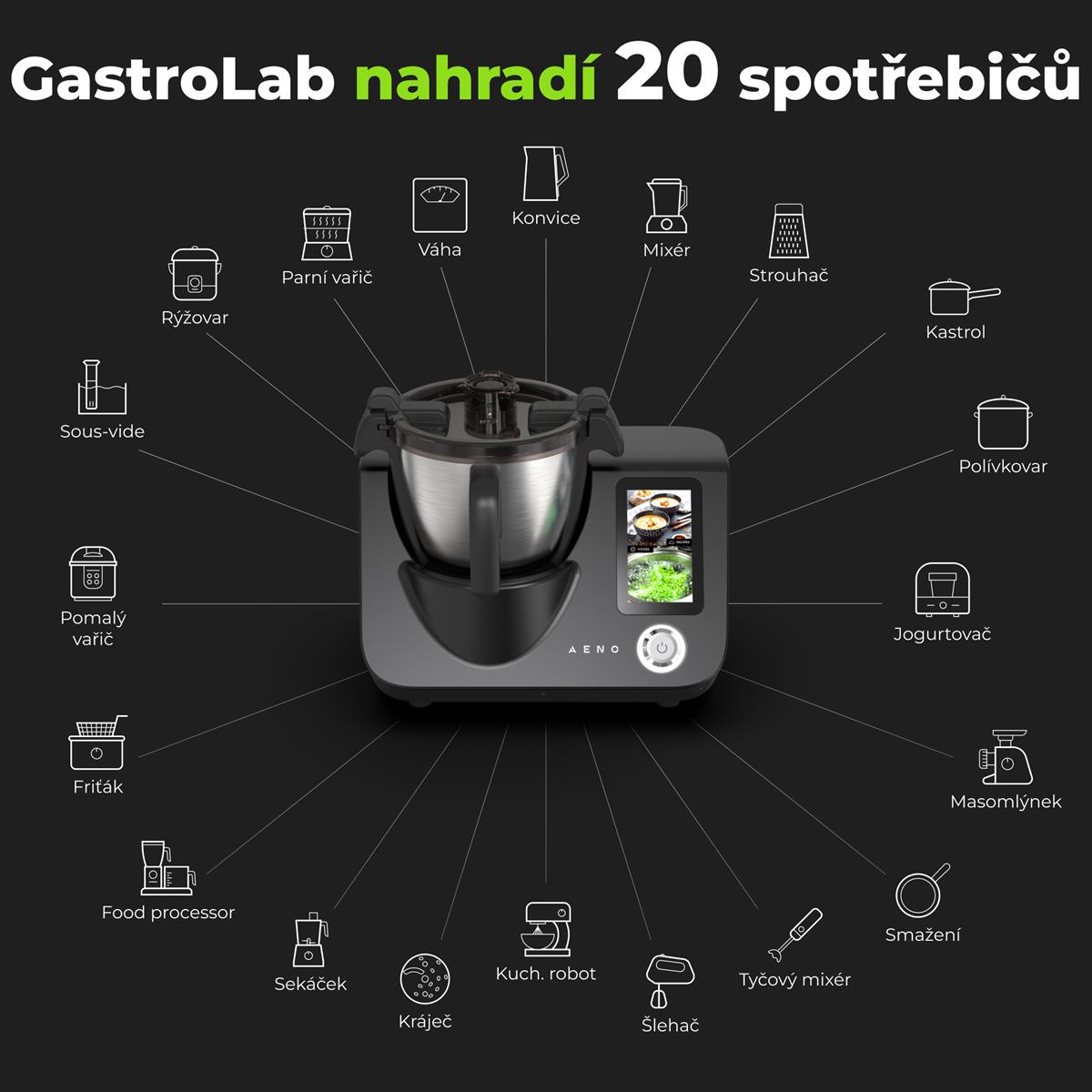 AENO Varný robot CR1S, 1000W ohřev + 600W motor, 20 funkcí, vaření 37-120°C,5kg váha, 3,5L nerez mísa