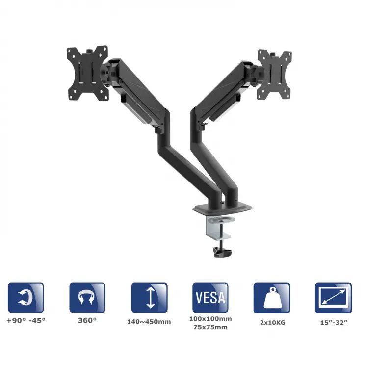 Akyga Dvojité rameno monitoru s plynovou pružinou AK-MB-06 Dvojitý stolní držák VESA 75x75 mm / 100x100 mm 15-32“