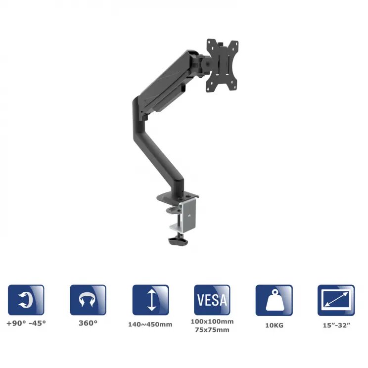 Akyga Jednoduché rameno monitoru s plynovou pružinou AK-MB-05 Stolní držák VESA 75x75mm / 100x100mm 15-32“