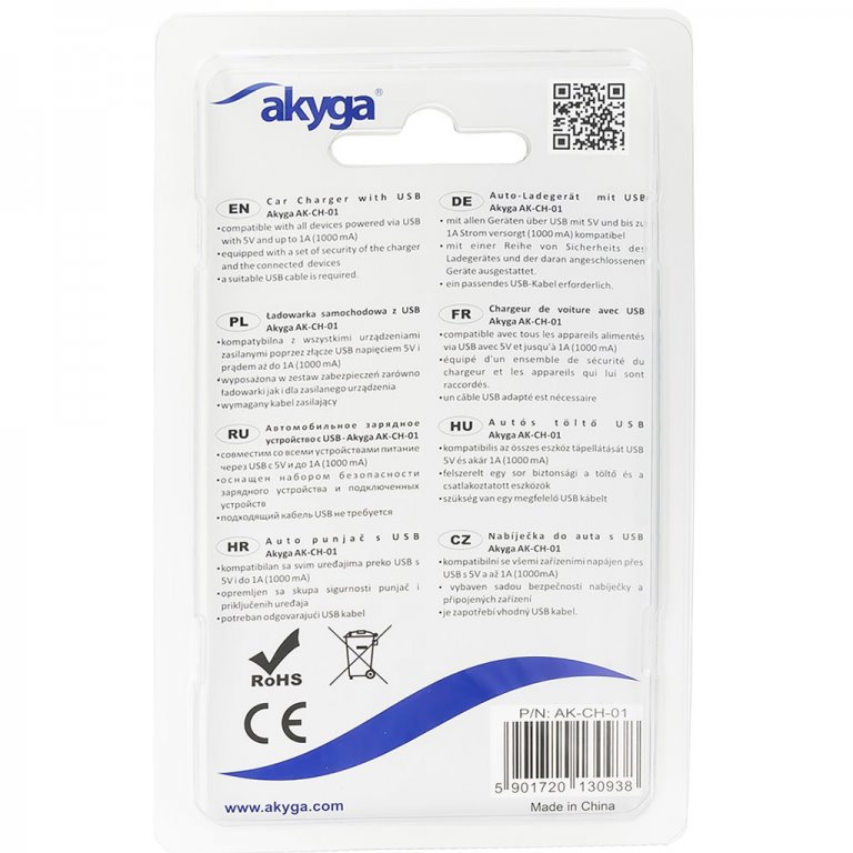 Akyga Síťová USB nabíječka 240V 1000mA 1xUSB bílá