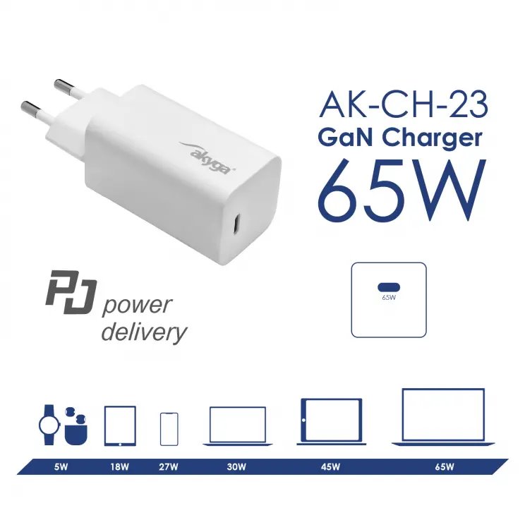 Akyga Nabíječka univerzální USB-C PD 5-20V / max. 3.25A 65W Quick Charge 3.0 GaN, bílá