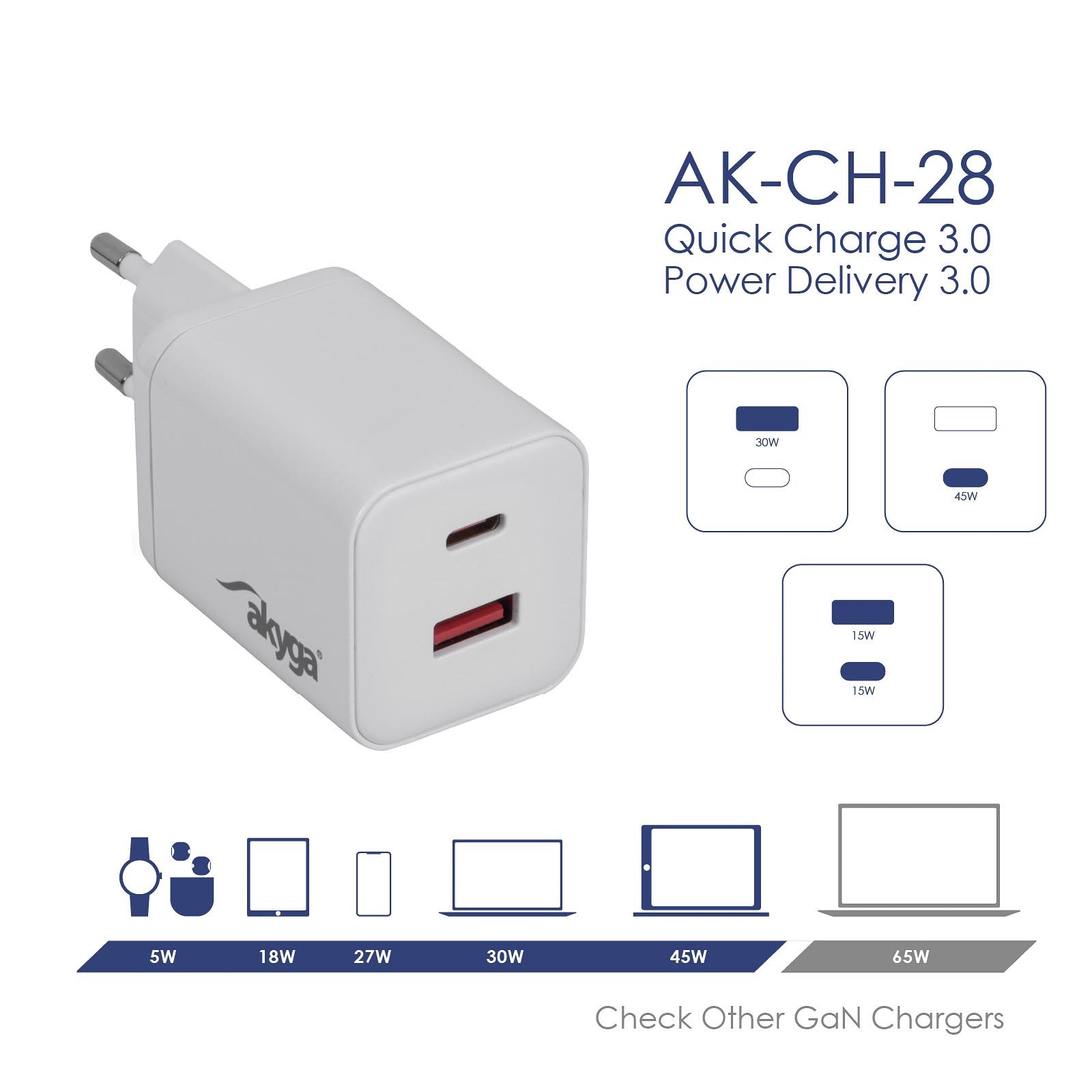 Akyga USB Nabíječka AK-CH-28 USB-A + USB-C PD 5-21V / max. 3A 45W Quick Charge 3.0 GaN