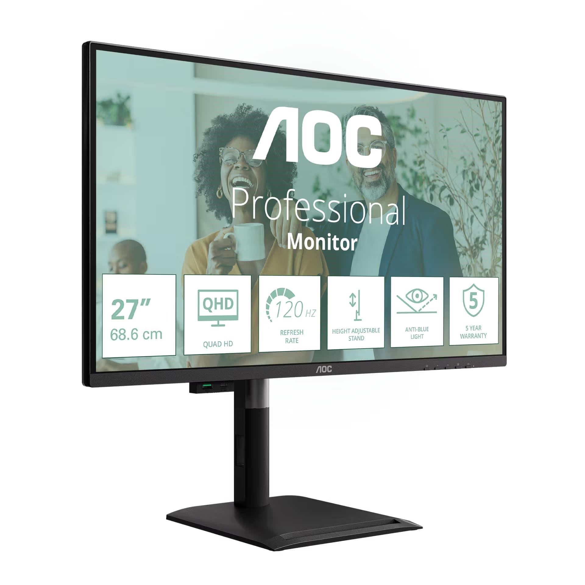 AOC Monitor Q27P4CV, 27", IPS, 2560x1440, 16:9, 350cd, 1500:1, 4ms, DP, HDMI, 120Hz, USB Hub, RJ45, pivot, repro