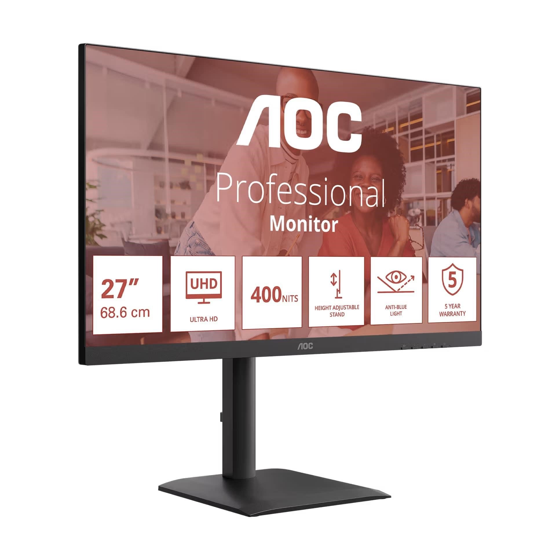 AOC Monitor U27E4CV, 27", IPS, 3840x2160, 16:9, 400cd, 1200:1, 4ms, DP, HDMI, 60Hz, USB Hub, RJ45, pivot, repro
