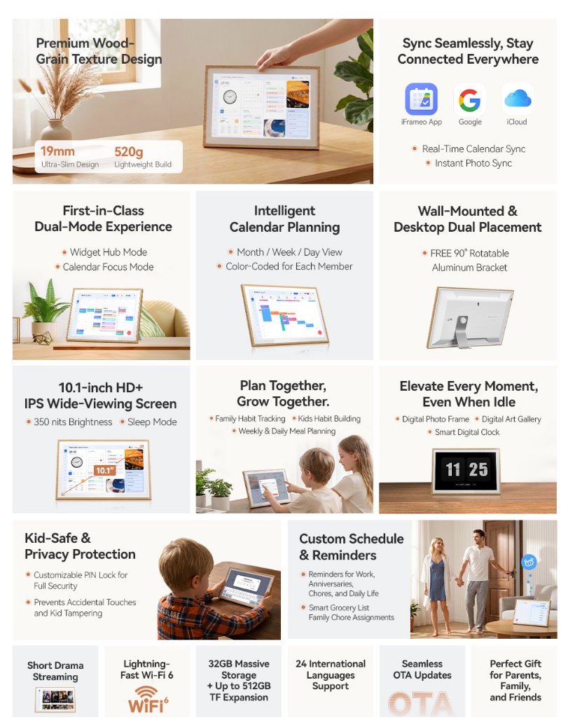 BLACKVIEW Digital Calendar NEST 10 WiFi 10.1" 1280x800 IPS,2/32GB,Quad-core 1.5GHz,248x167x19mm,Android 11,Natural wood