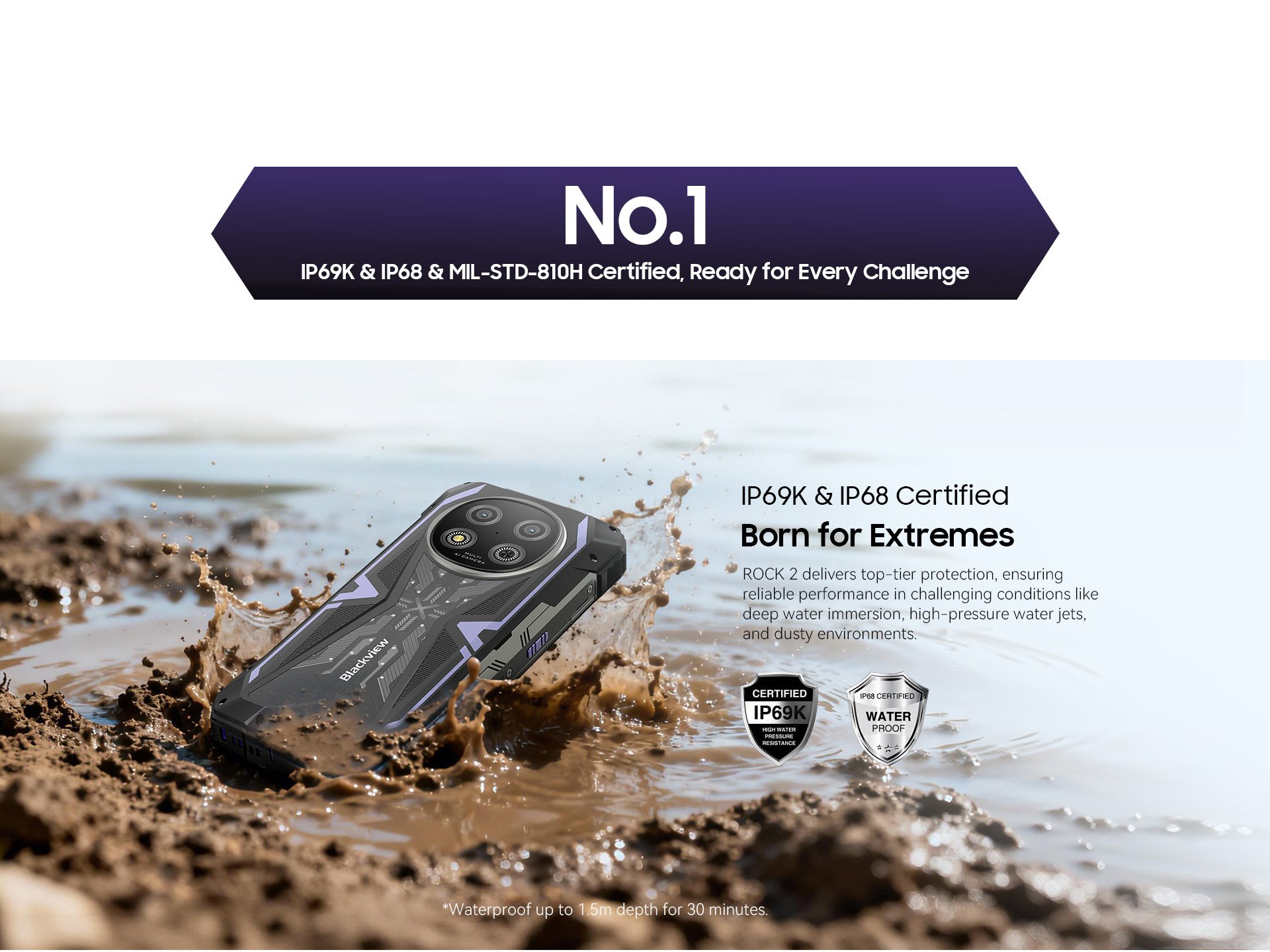 BLACKVIEW Rugged ROCK 2 5G 6.67" PURPLE,HD+ 1640x720,12+256GB,T8100 Octa-Core 2.2GHz,13MP/16MP,NFC,15000mAh,Android 16