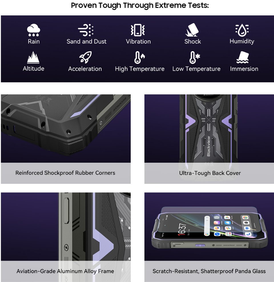 BLACKVIEW Rugged ROCK 2 5G 6.67" PURPLE,HD+ 1640x720,12+256GB,T8100 Octa-Core 2.2GHz,13MP/16MP,NFC,15000mAh,Android 16