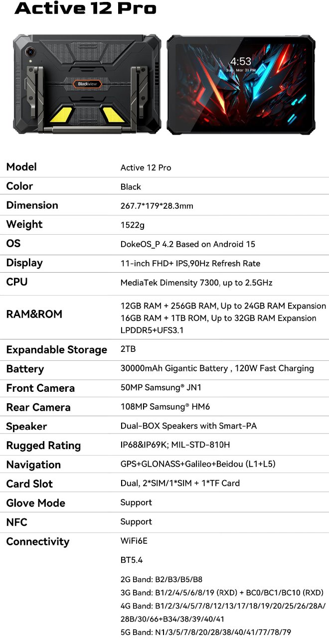 BLACKVIEW Rugged Tab Active 12 Pro 11" built projector 120",BLACK,MT7300 Octa 2.5GHz,12GB/256GB,NFC,FHD+ 90Hz,Andr 15