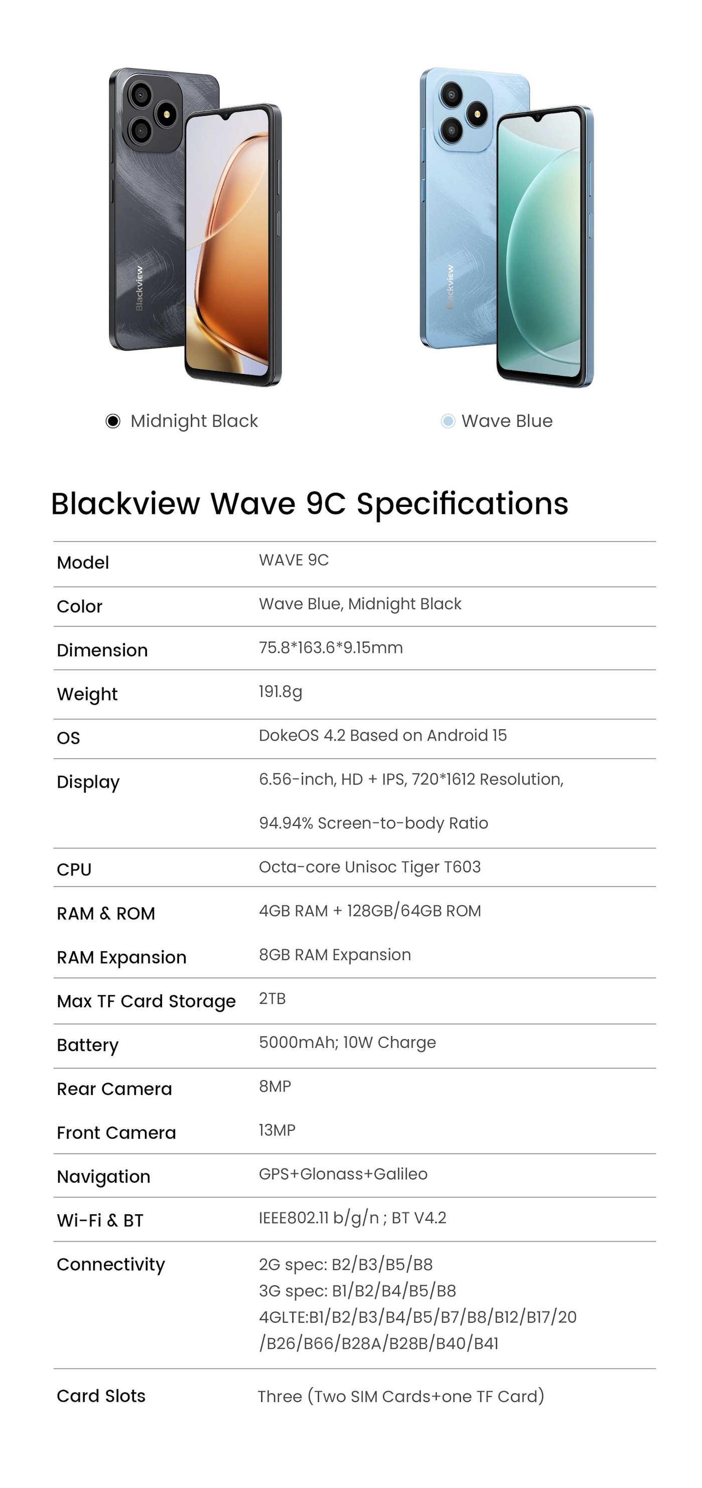 BLACKVIEW WAVE 9C LTE 6.56" BLUE,HD IPS 720x1612,4+64GB, T603 Octa Core 1.6GHz,8MP/13MP,5000mAh,Android 15