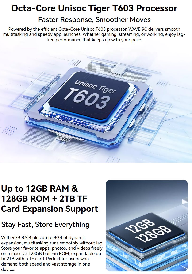 BLACKVIEW WAVE 9C LTE 6.56" RIPPLE BLUE,HD IPS 720x1612,4+64GB, T603 Octa Core 1.6GHz,8MP/13MP,5000mAh,Android 15