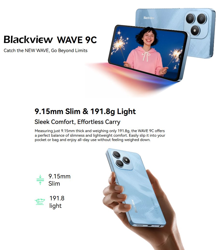 BLACKVIEW WAVE 9C LTE 6.56" SHADOW BLACK,HD IPS 720x1612,4+64GB, T603 Octa Core 1.6GHz,8MP/13MP,5000mAh,Android 15