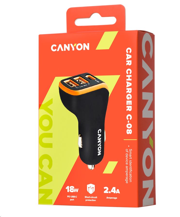 CANYON auto nabíječka C-08, 1xUSB-C (PD 18W) + 2xUSB-A, vstup 12V-24V,výstup 5V-2.4A, Smart IC,CE,RoHS - černo oranžová