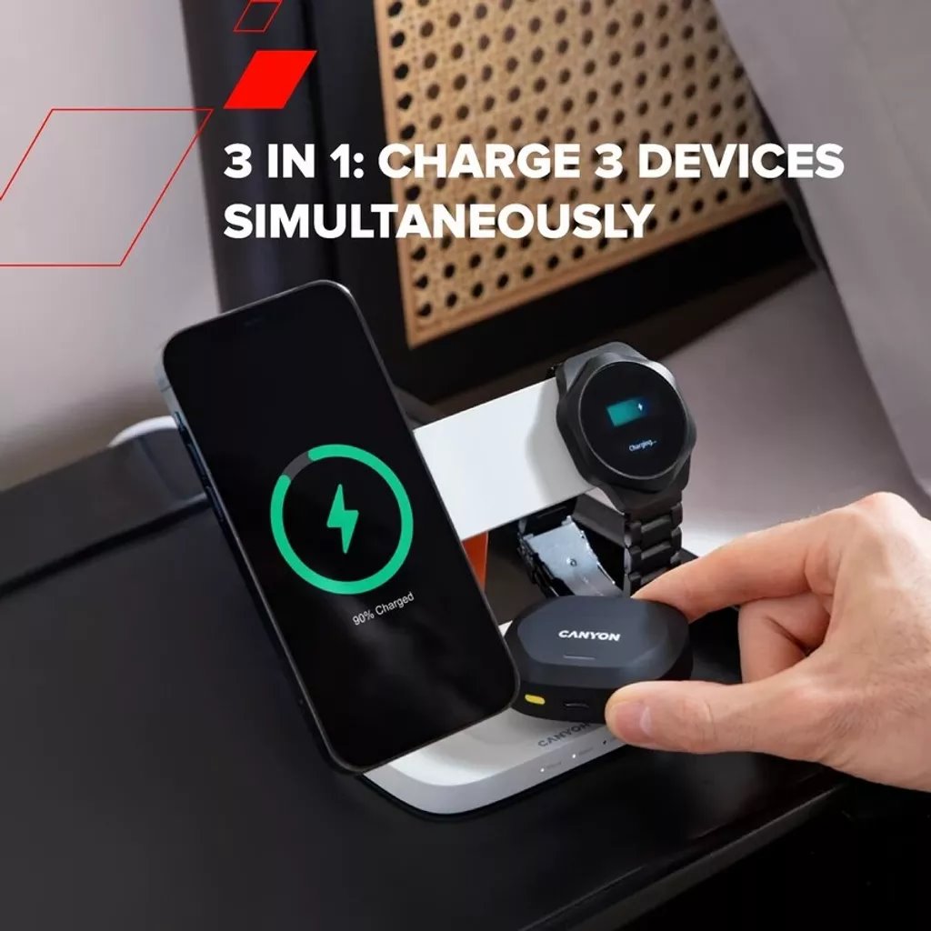 CANYON Bezdrátová nabíječka HEXAGON WCS-310 3in1 DarkGrey/Blue