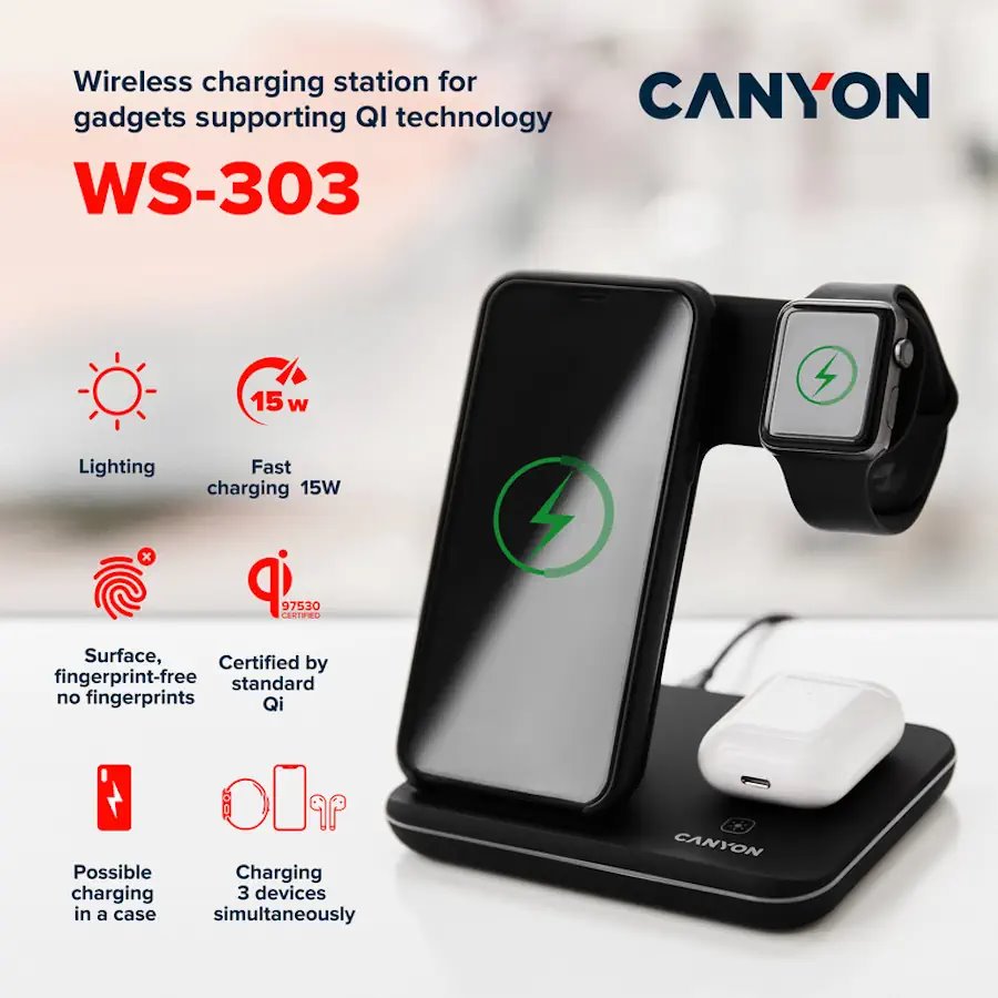 CANYON Bezdrátová nabíječka WS-303DG,3v1,vstup 9V/2A,12V/2A,výstup 15/10/7.5/5W, USB-C > USB-A, vč. AC adaptéru,šedá