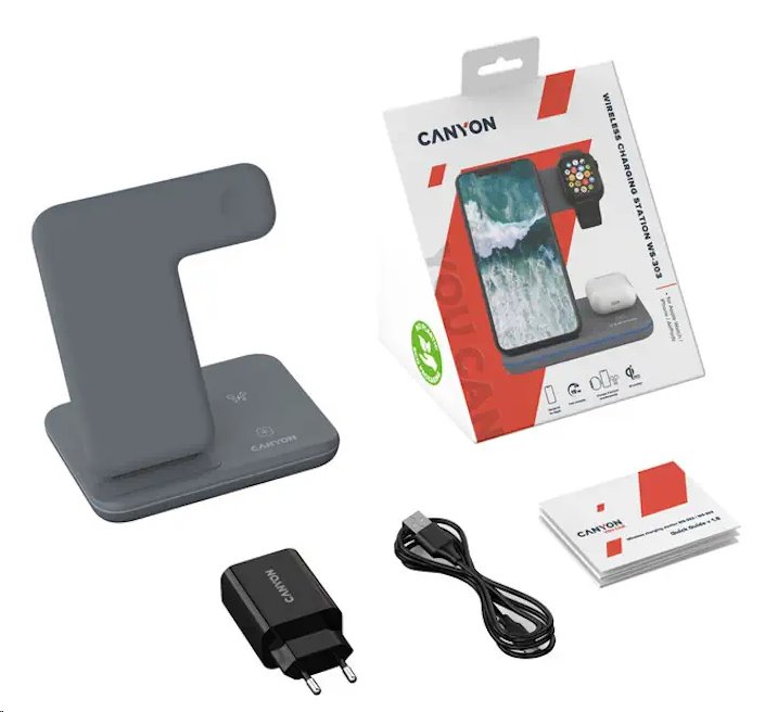 CANYON Bezdrátová nabíječka WS-303DG,3v1,vstup 9V/2A,12V/2A,výstup 15/10/7.5/5W, USB-C > USB-A, vč. AC adaptéru,šedá
