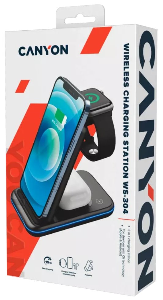 CANYON Bezdrátová nabíječka WS-304 IP, QC18W, 3v1, vstup 9V/2A, 12V/1.5A, výstup 15W/10W/7.5W/5W,Type C to USB-A, růžová