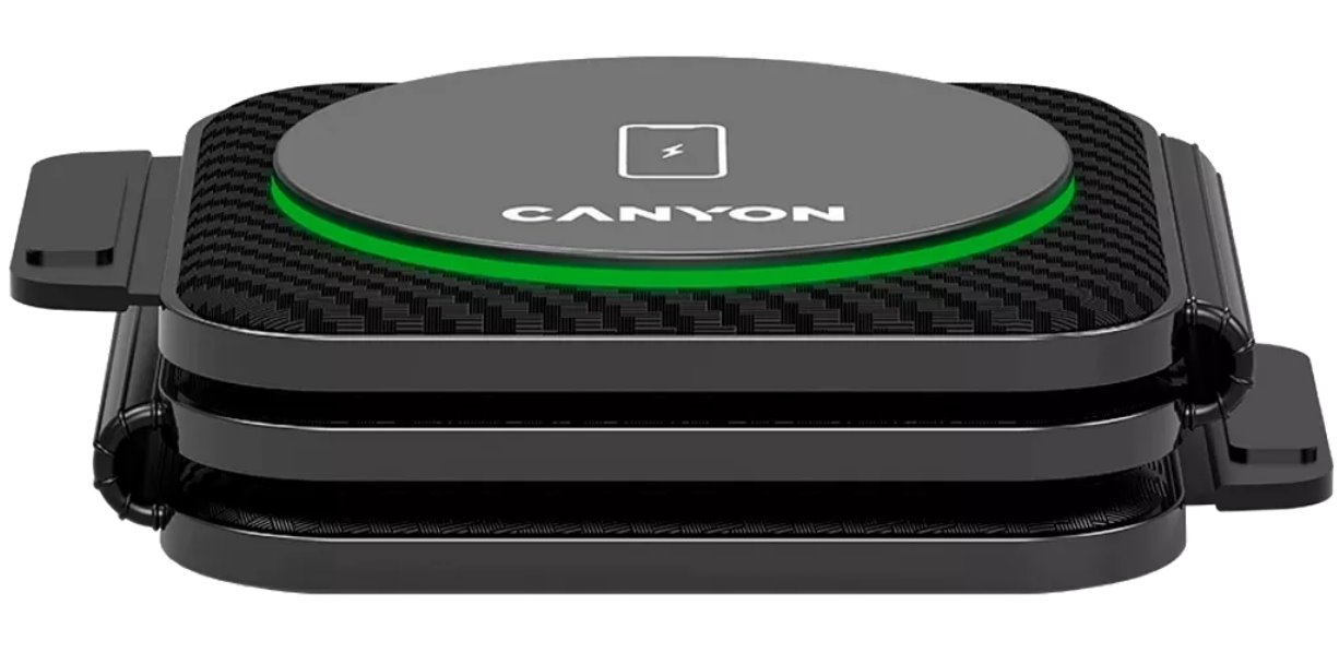 CANYON Bezdrátová nabíječka WS-305B + AC adapter, 3v1, Qi, vstup 9V/2A,12V/1.5A, výstup 15/10/7.5/5W, černá
