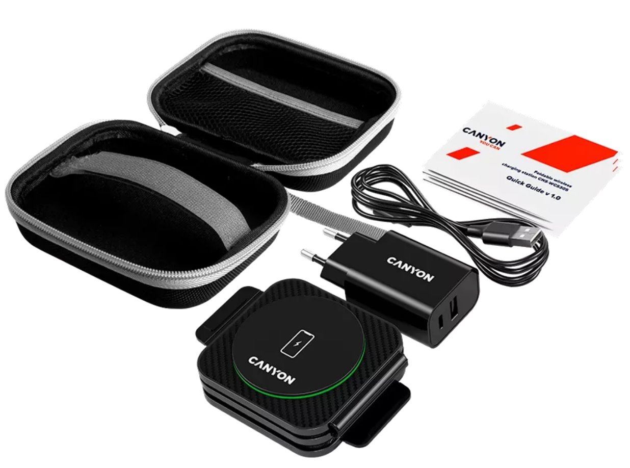 CANYON Bezdrátová nabíječka WS-305B + AC adapter, 3v1, Qi, vstup 9V/2A,12V/1.5A, výstup 15/10/7.5/5W, černá