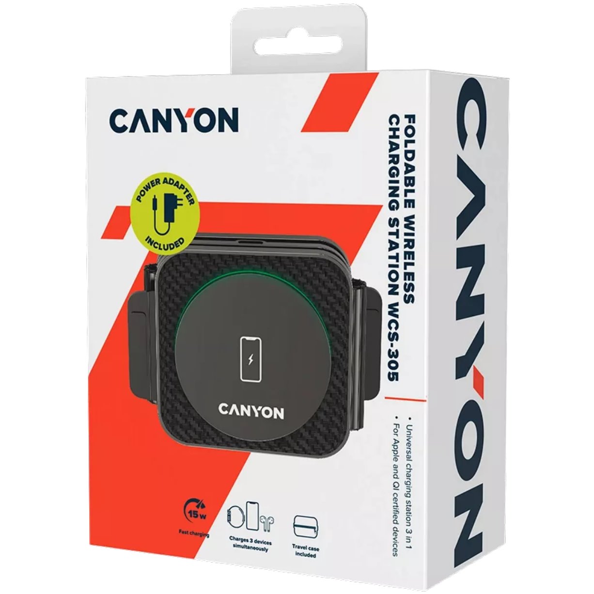 CANYON Bezdrátová nabíječka WS-305B + AC adapter, 3v1, Qi, vstup 9V/2A,12V/1.5A, výstup 15/10/7.5/5W, černá