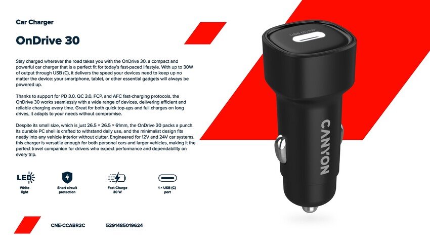 CANYON car charger OnDrive 30 PD 30W USB-C Black