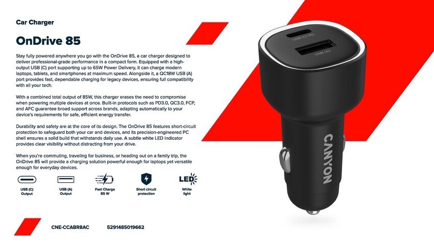CANYON car charger OnDrive 85 PD 83W USB-A+USB-C Black