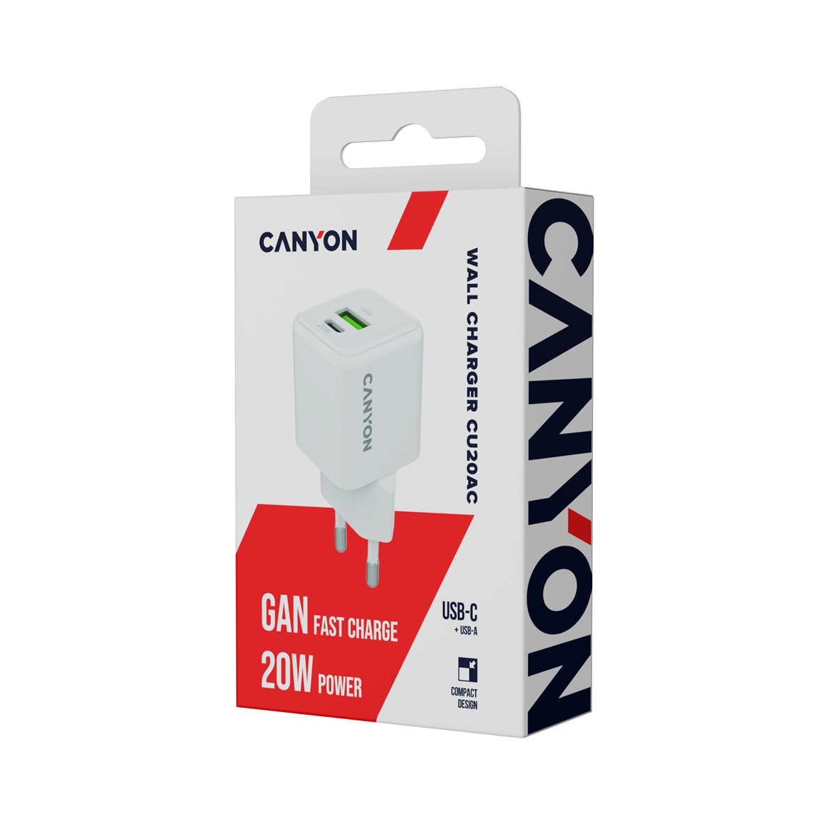 CANYON charger CU20AC GaN 20W 1xPD 1xQC EU White