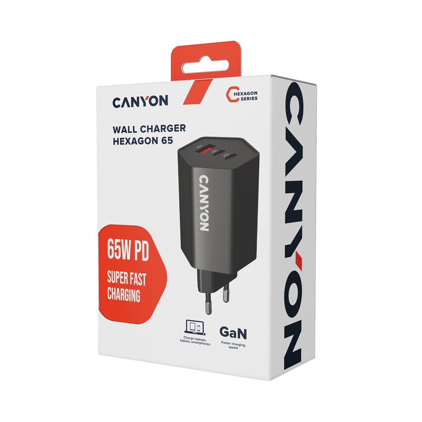 CANYON charger HEXAGON 65 GaN 65W 2xPD 1xQC EU White