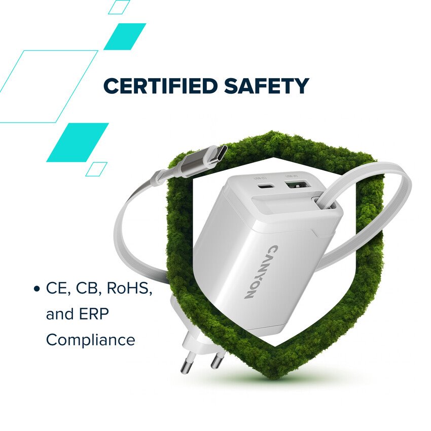 CANYON charger OnCharge 65RC Build-In Cable USB-C 65W 1xPD 1xQC EU Black