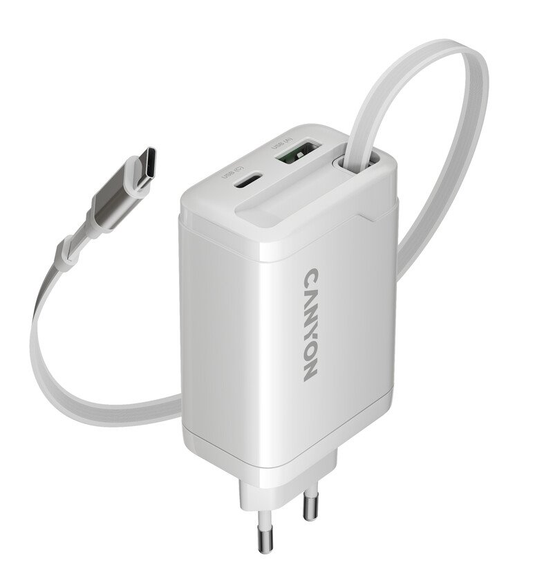 CANYON charger OnCharge 65RC Build-In Cable USB-C 65W 1xPD 1xQC EU White