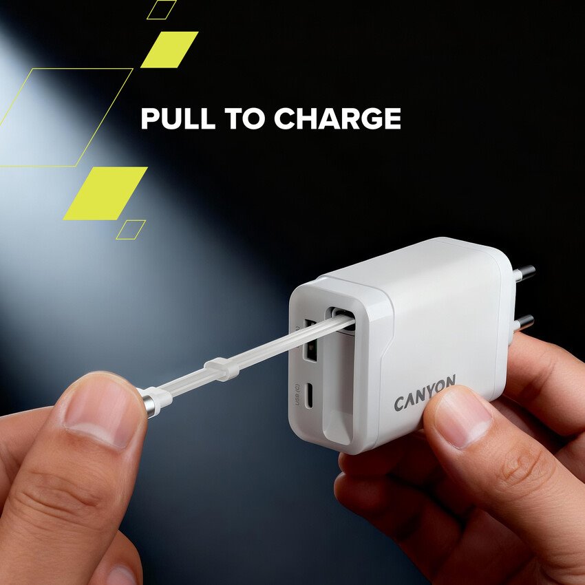 CANYON charger OnCharge 65RC Build-In Cable USB-C 65W 1xPD 1xQC EU White