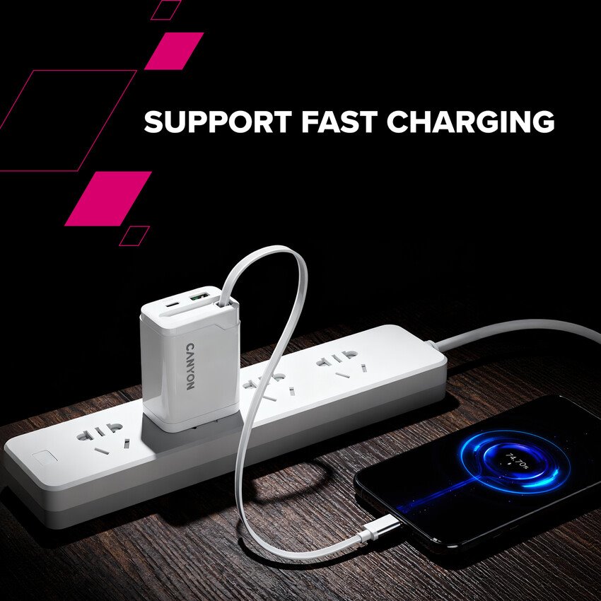 CANYON charger OnCharge 65RC Build-In Cable USB-C 65W 1xPD 1xQC EU White
