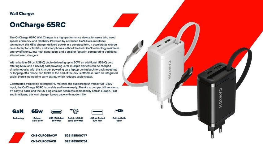 CANYON charger OnCharge 65RC Build-In Cable USB-C 65W 1xPD 1xQC EU White