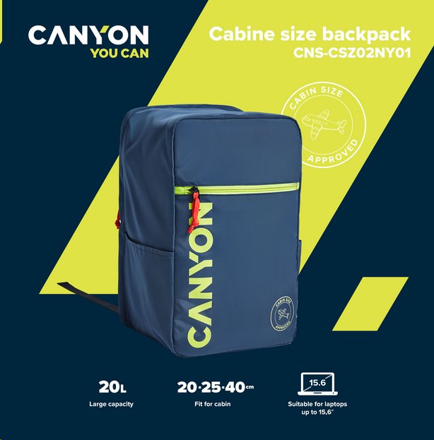 CANYON CSZ-02 batoh pro 15.6" notebook, 20x25x40cm, 20L, příruční zavazadlo, tmavě modrá