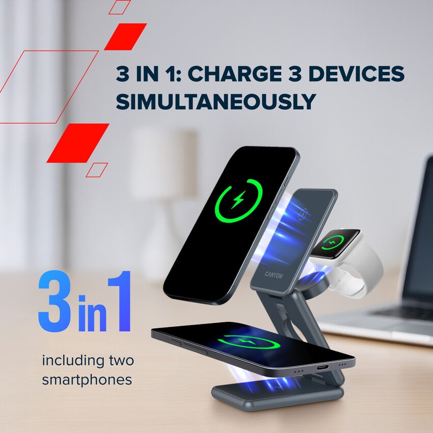 Canyon Foldable wireless charger OnCharge 309 15W 3in1 Meta