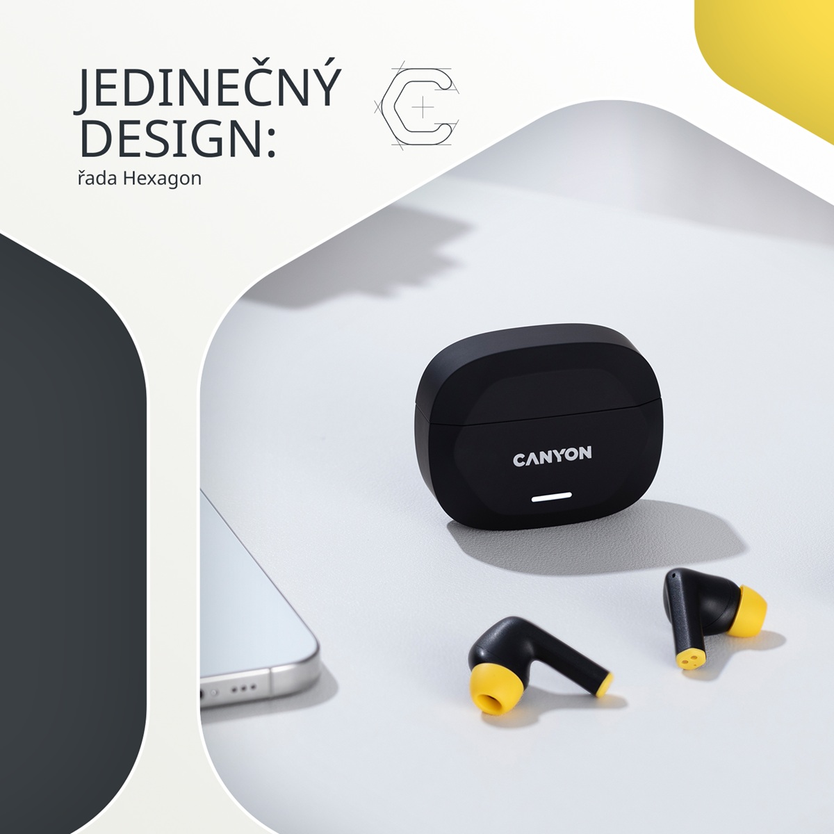 CANYON headset HEXAGON 7 TWS ANC+ENC Wireless Charge Black Yellow