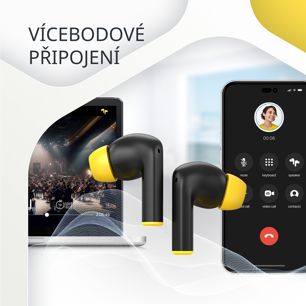 CANYON headset HEXAGON 7 TWS ANC+ENC Wireless Charge Black Yellow