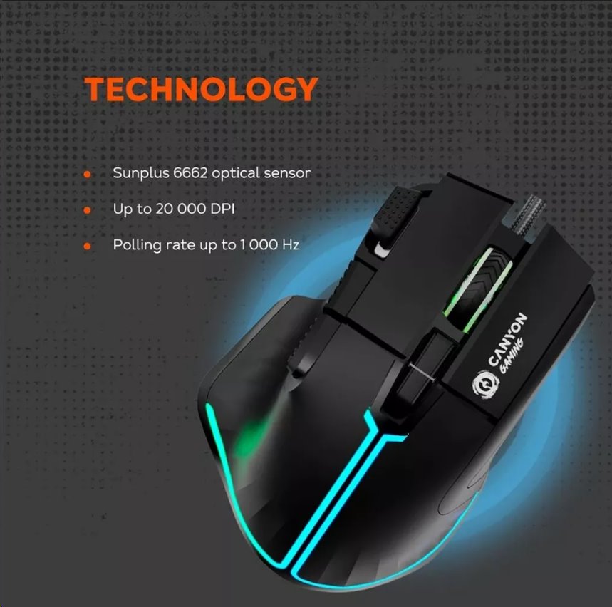 CANYON Herní drátová myš Fortnax GM-636, optická, RGB, až 20 000 DPI, 9tl. programovatelných, černá