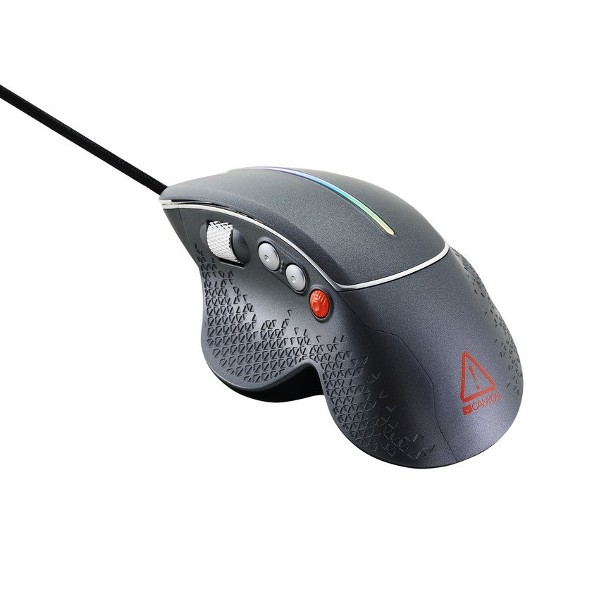 CANYON Herní myš APSTAR, 6 programovatelných tlačítek, senzor Sunplus, až 6400 DPI, opletený kabel,RGB podsvícení, šedá